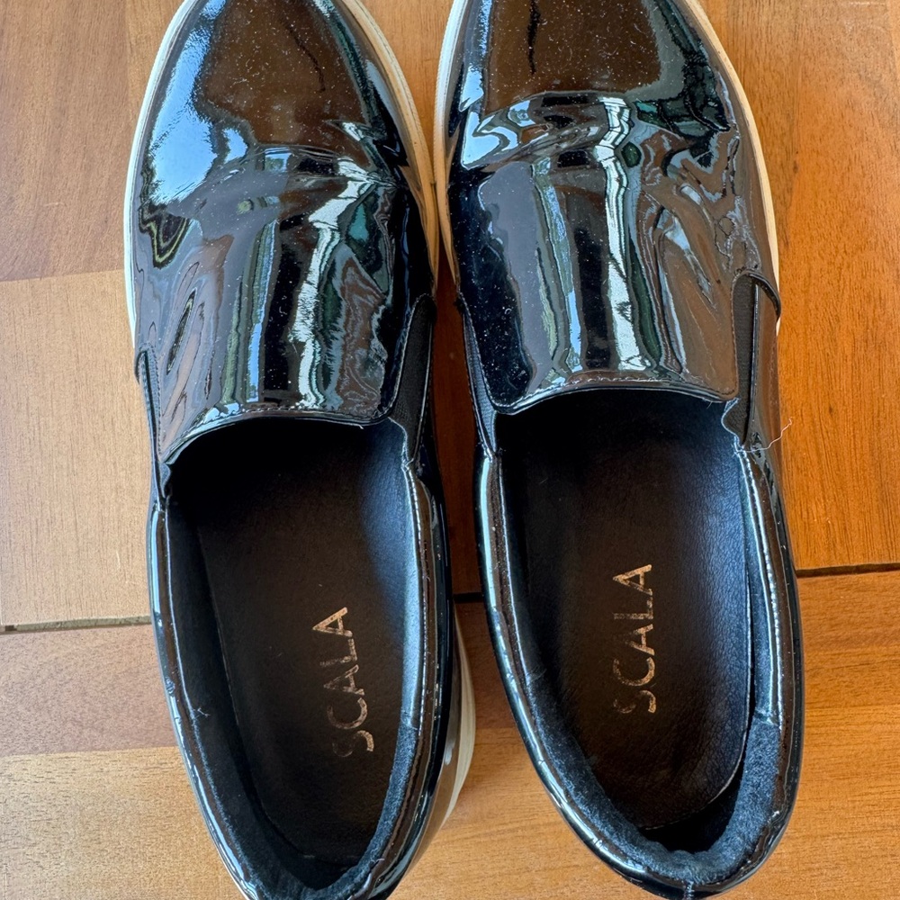 Scala Black Patent Leather Slip-On Loafers with White Soles